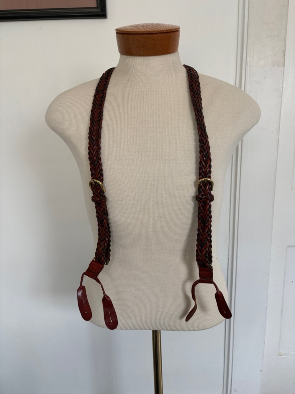 Two pairs of Cole Haan Braided Leather Button-On Suspenders black & Brown